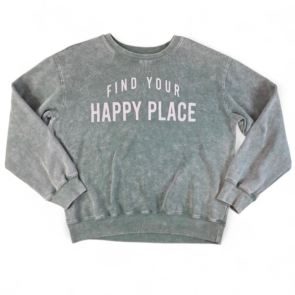 AWAKE “Happy Place” Graphic Crewneck Sweatshirt Green Mineral Wash Women L